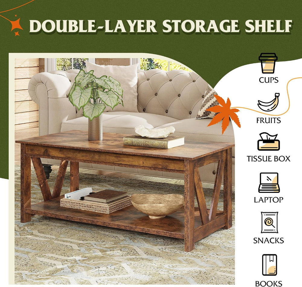 WLIVE Coffee Table, 43.3 Inch Farmhouse Table with Storage, Rustic Brown