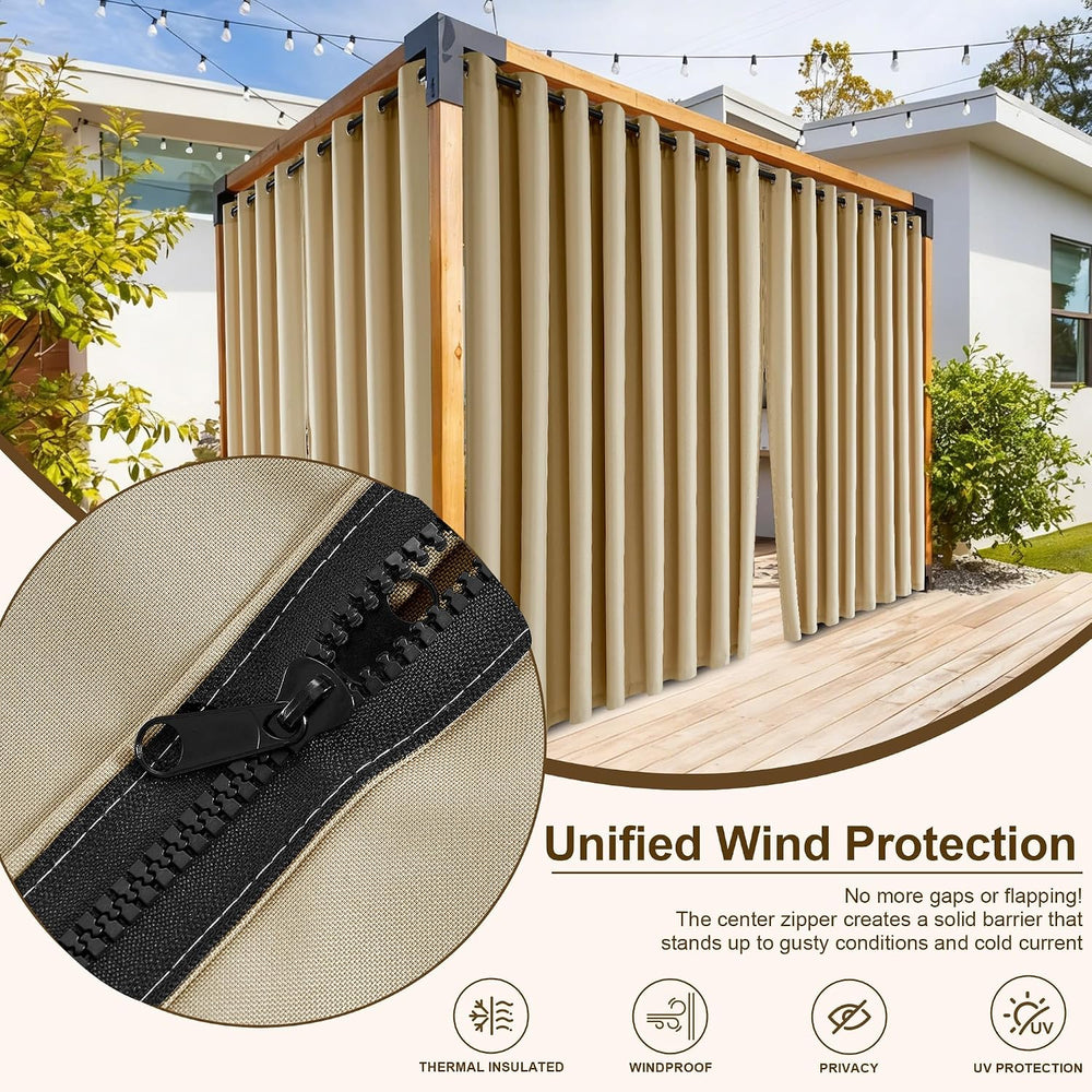 NICETOWN Outdoor Curtains for Patio Waterproof with Zipper Connects 2 PCs