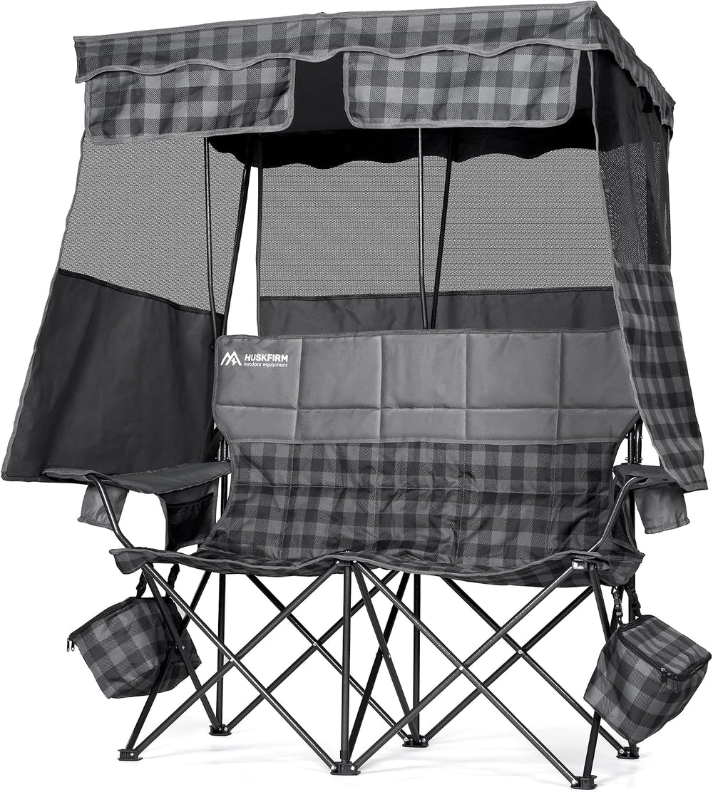 Padded Double Camping Chair With Canopy,Folding Chair Support 450LBS, Grey
