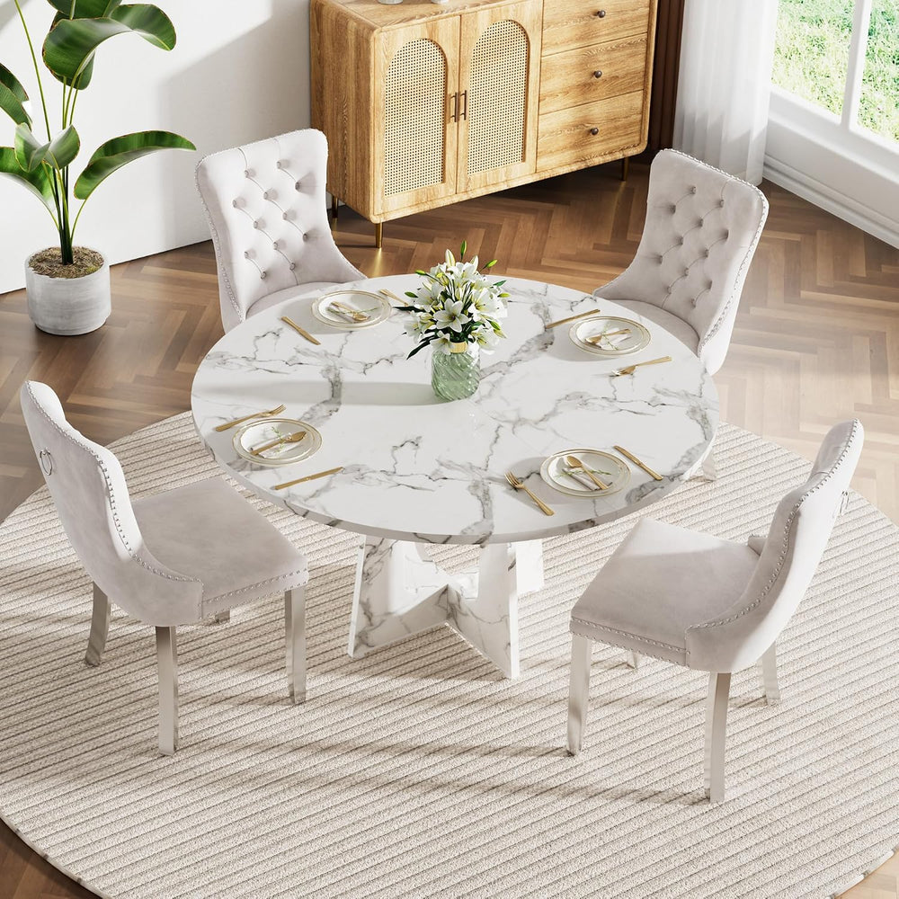 47" Round Farmhouse Dining Table Set for 4, Circle White Faux Marble Kit...