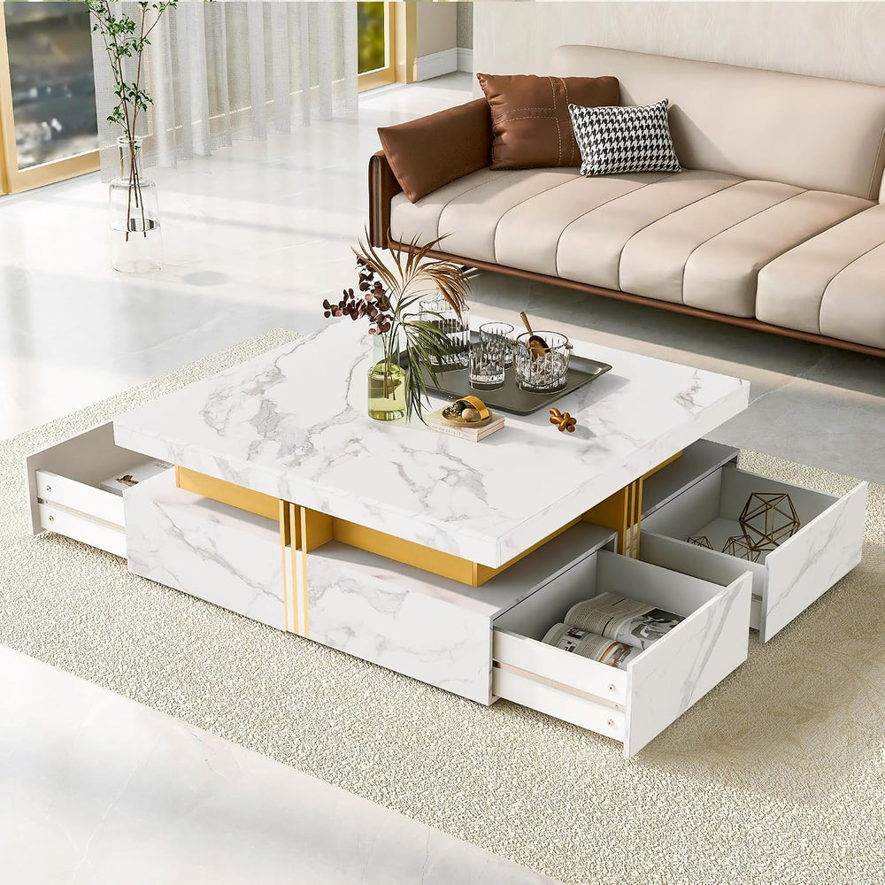 Merax Coffee Table, Modern Square Coffee Table with 4 Drawers, Contemporary L...