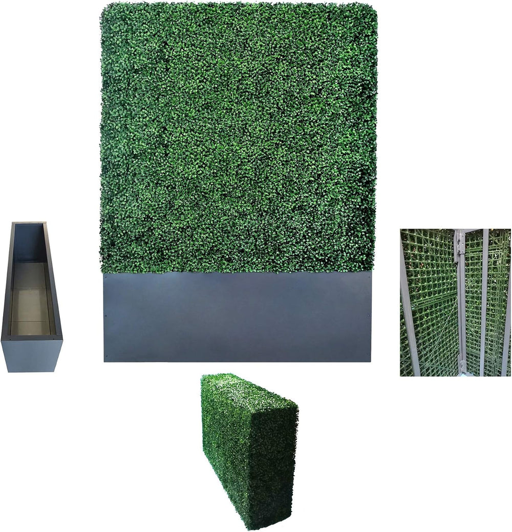 Artificial Boxwood Hedge Wall with Dark Gray Stainless Steel Planter Box Priv...