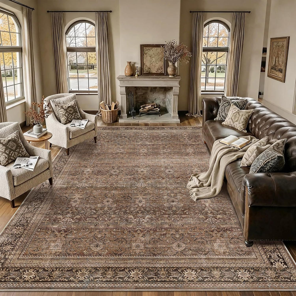 Schweek 10x14 Washable Area Rug Brown Neutral Vintage Distressed Large Rugs