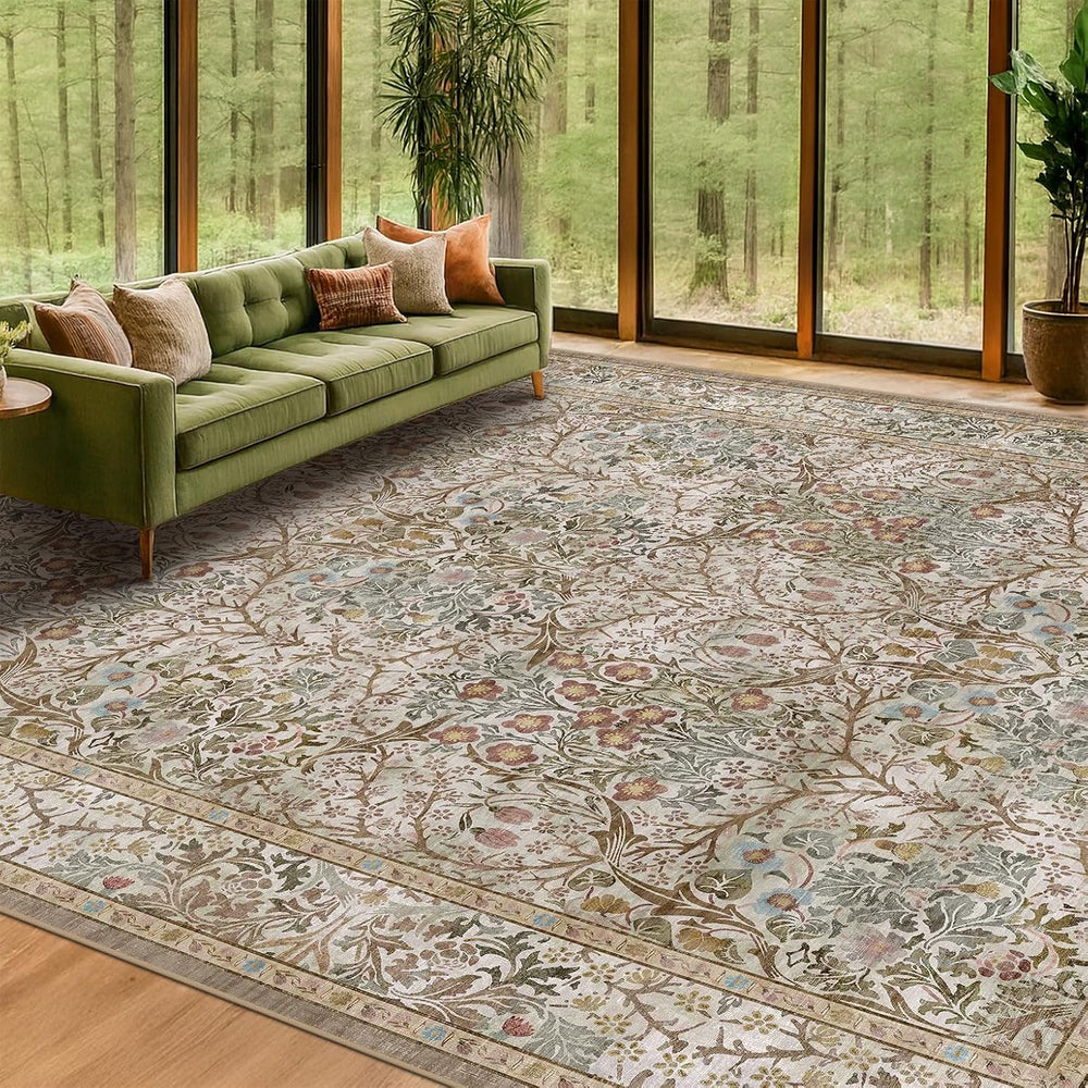 Washable 9x12 Living Room Rug - Moss Brown Floral Area Rug for Dining Room Un...