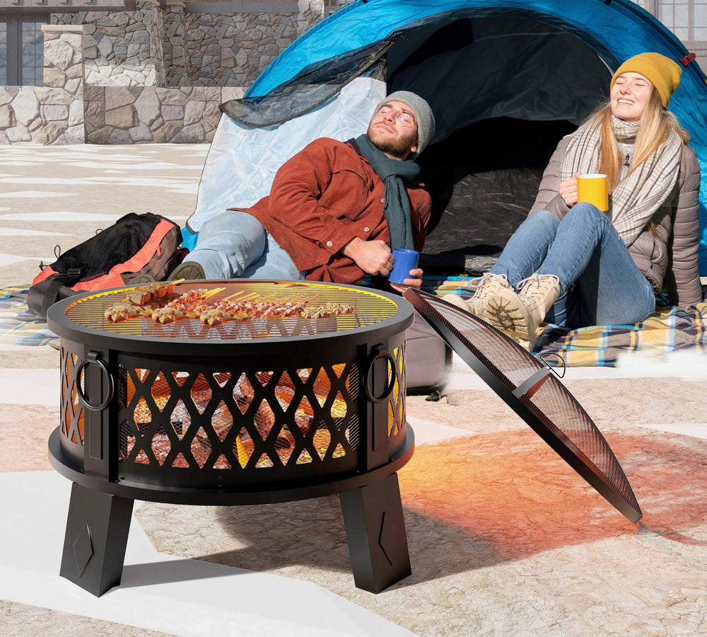 Fire Beauty 26" 2-in-1 Fire Pit with BBQ Grill, Spark Screen & Poker...
