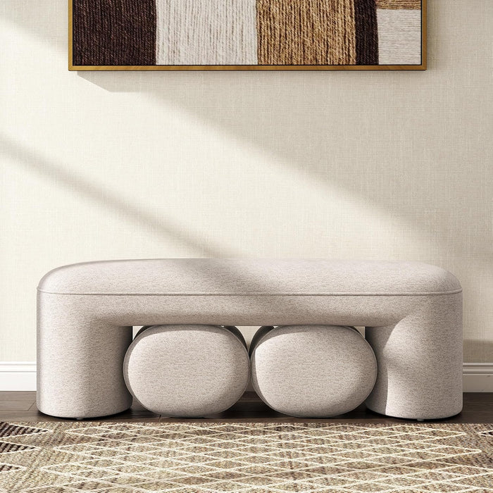 Hyfirm 3-Piece Nesting Ottoman Bench Set, 53" Chenille End of Bed Bench with 2 Footstools, Upholstered Waterfall Bench for Bedroom, Entryway and Living Room, Oatmeal