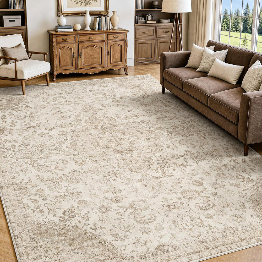 Beauoop 8x10 Washable Beige Neutral Vintage Oriental Area Rug for Bedroom