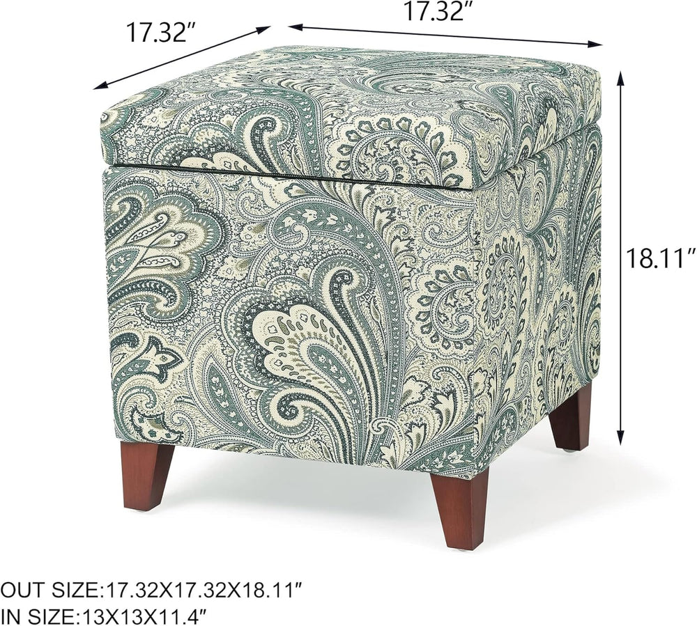 Adeco 18" Cube Storage Ottoman in Blue Paisley, Upholstered Linen Foot S...