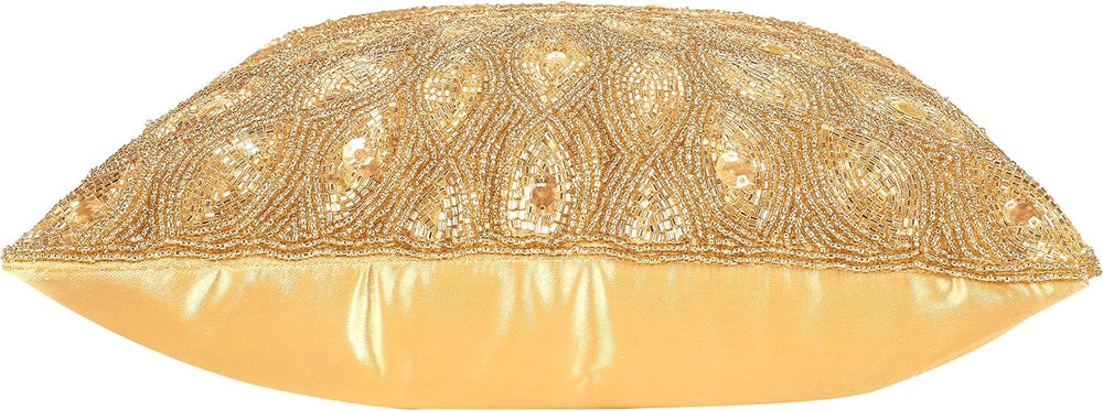 Lightnpro Gold Hand-Beaded Pillow Cover - 12x12 Inch, Handmade by Skilled Art...