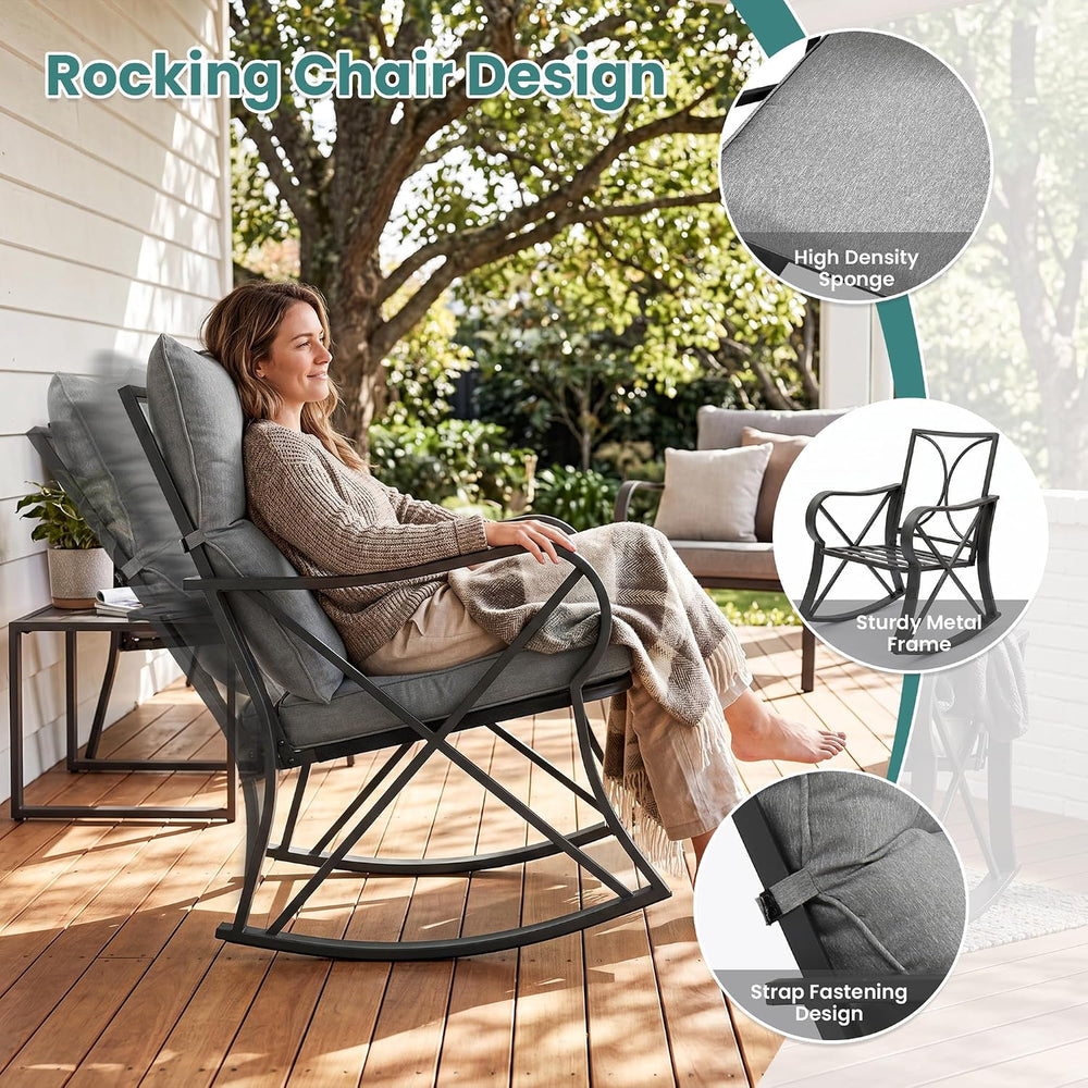 SUNBURY 3 Piece Patio Rocking Conversation Set, Outdoor Rocking Chairs with T...