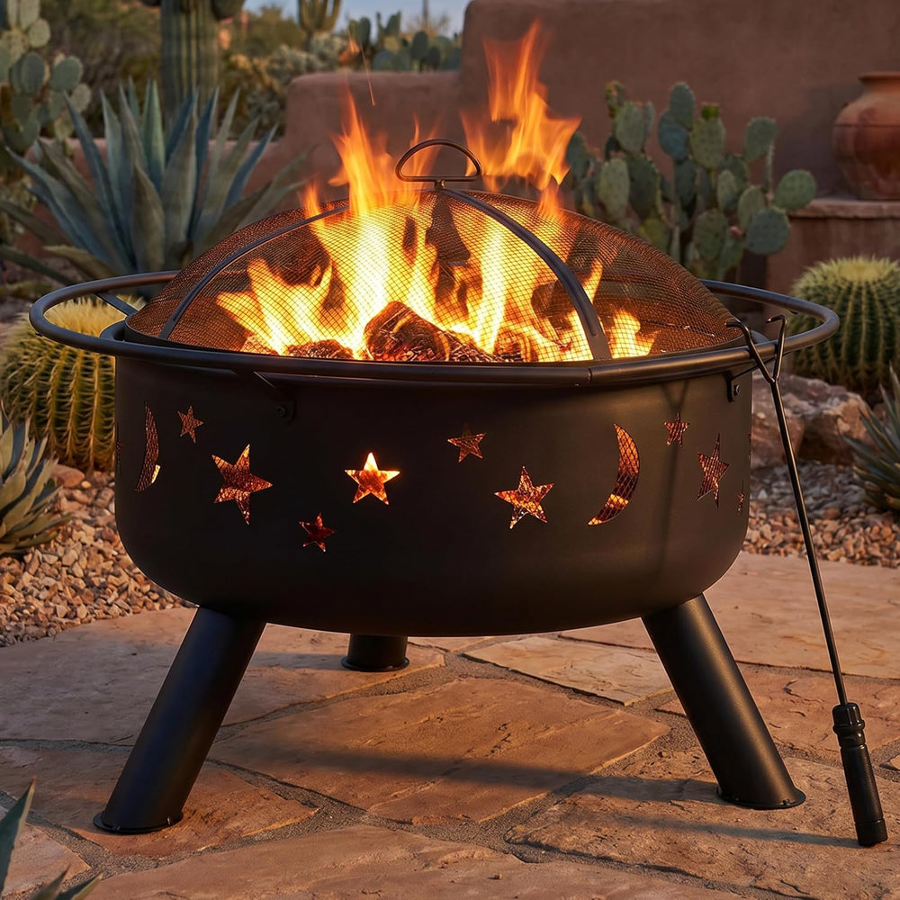 Sunnydaze Cosmic 30" Outdoor Wood Fire Pit with Grill Grate, Steel, Black