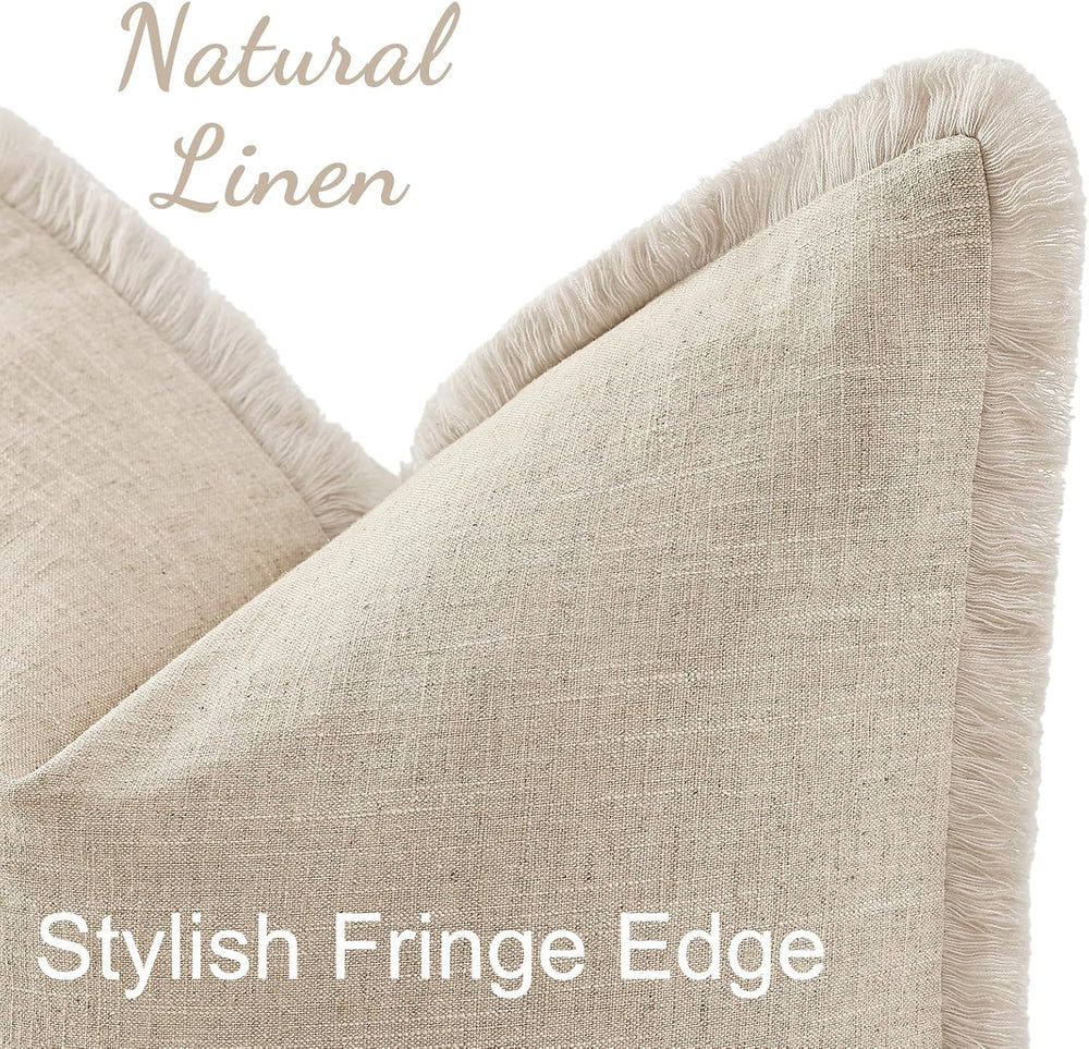 decorUhome Linen Fringe Natural Beige Throw Pillow Covers 22x22 Set of 2