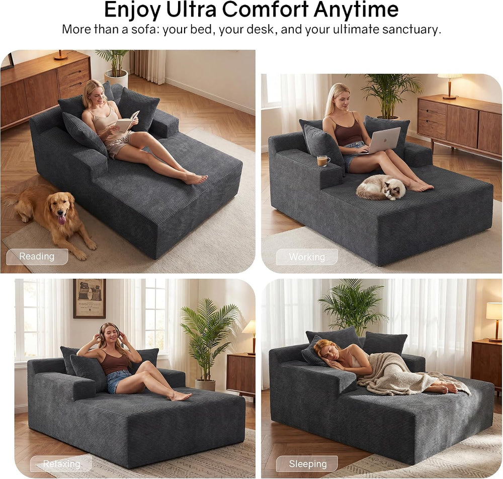 66" Chaise Lounge Chair Indoor, Oversized Boneless Lounge Chair with 3 P...