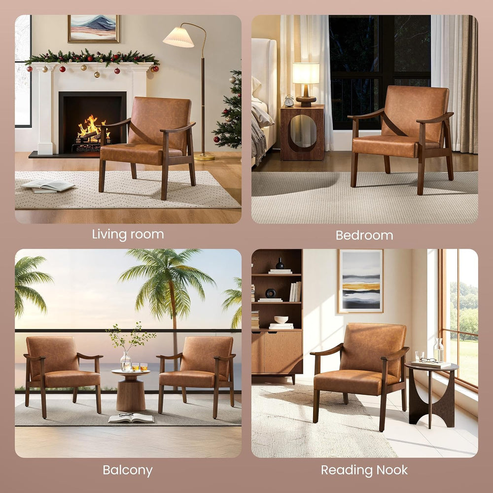 Yaheetech Accent Chairs Set of 2, Mid-Century Faux Leather Armchairs Brown
