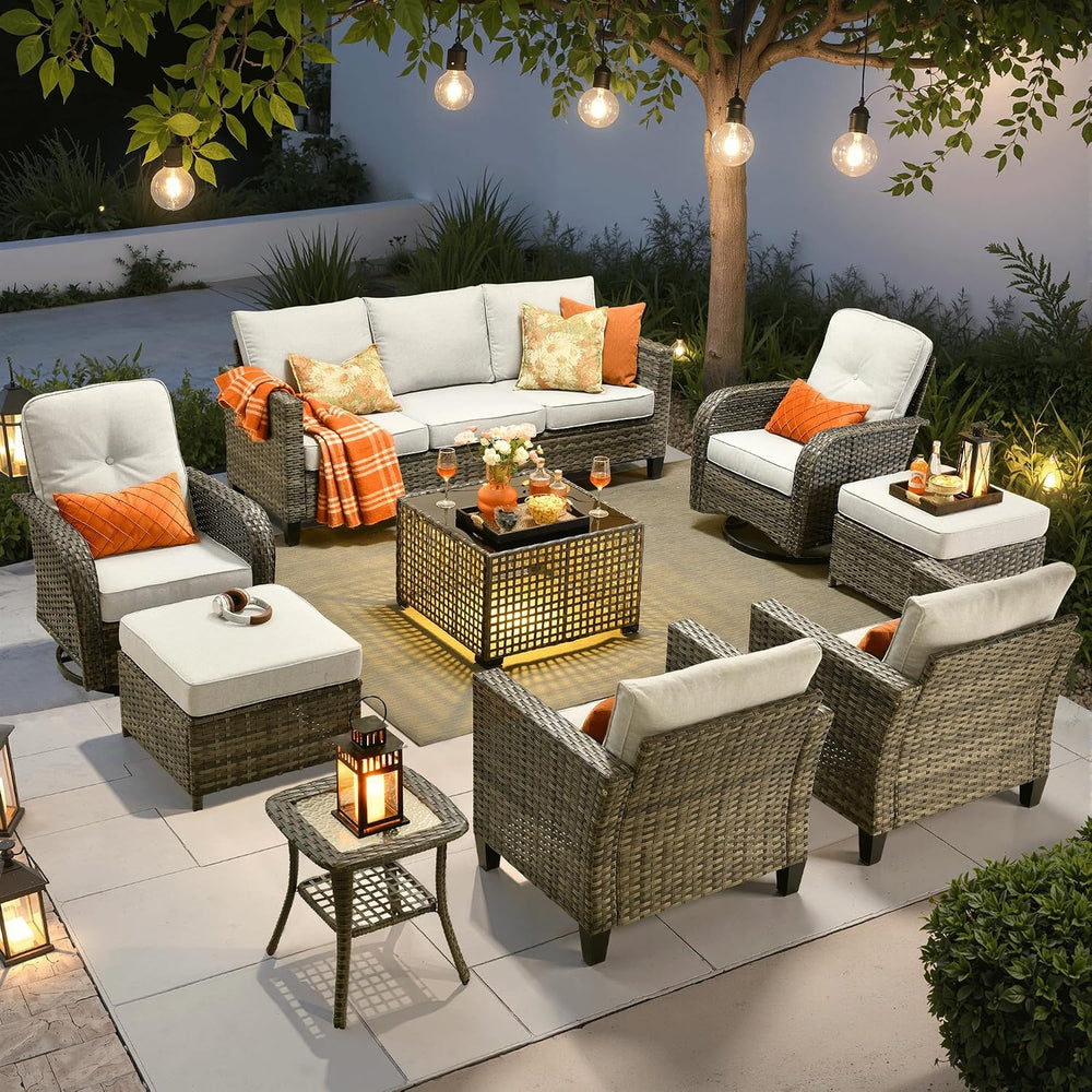 ovios 9 Pieces Patio Furniture Set, Outdoor Wicker Sofa Couch with Swivel Gli...