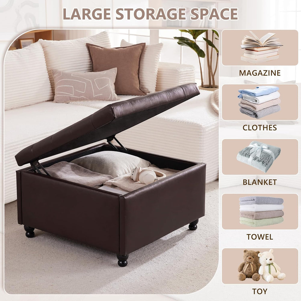 28" Large Square Ottoman with Storage, Leather Ottoman Coffee Table, Brown