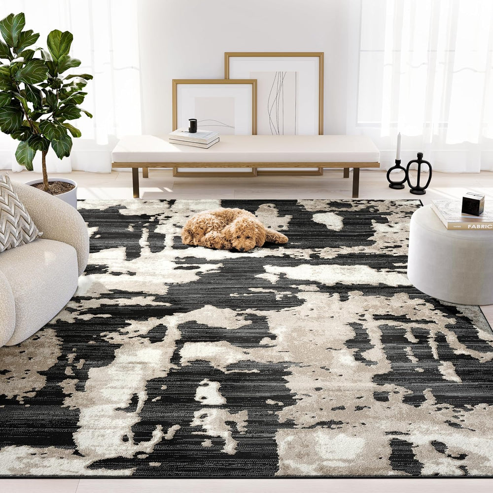 Abani Black and Cream Area Rug | 5' x 8' Tan and Beige Abstract Patte...