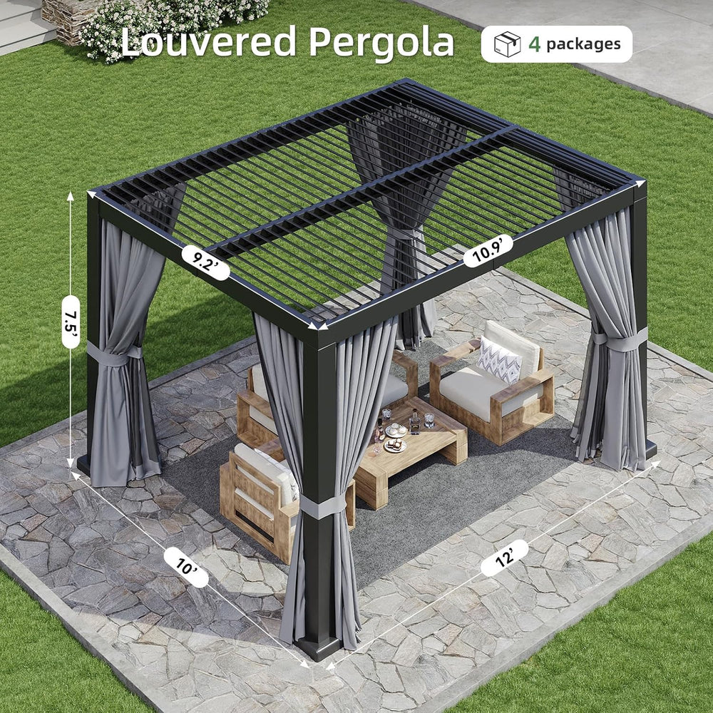 Aoxun Louvered Pergola 10x12 All-Aluminum, Waterproof Curtains and Netting