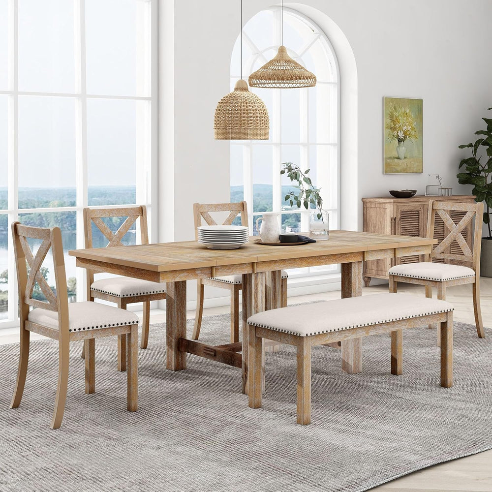 Farmhouse 6-Piece Extendable Dining Room Table Sets, Acacia Wood 82''...