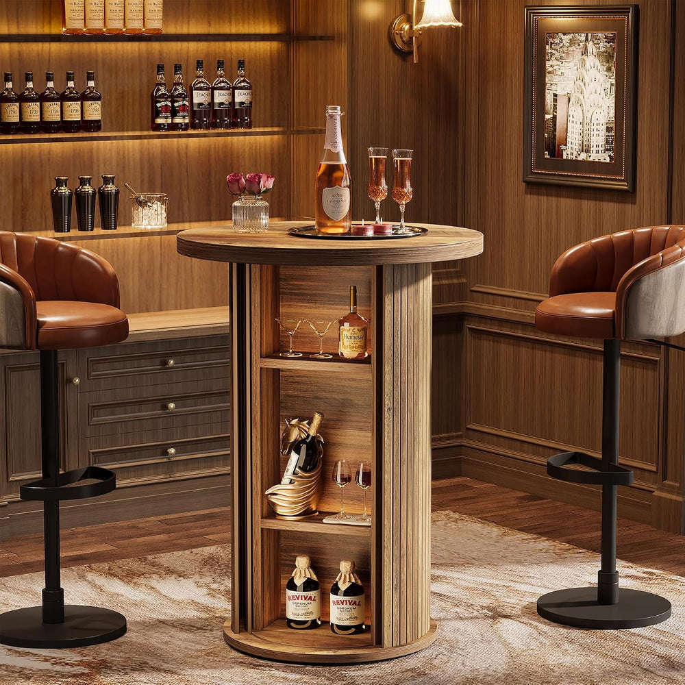 Tribesigns Round Bar Table, 35.4" Rustic Cocktail Table with 3-Tier Hidd...