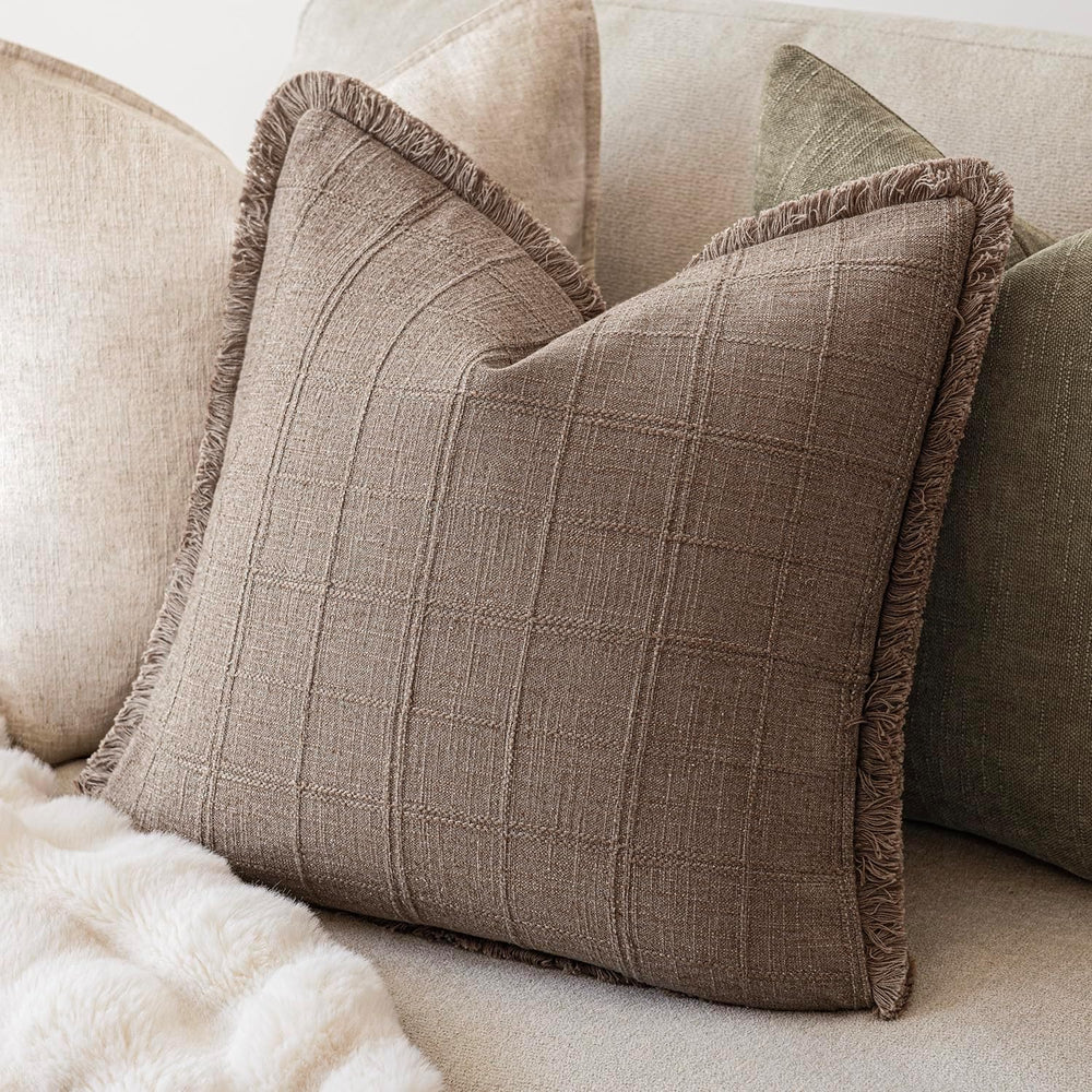 Foindtower Set of 2 Decorative Linen Check Fringe Throw Pillow Covers Farmhou...