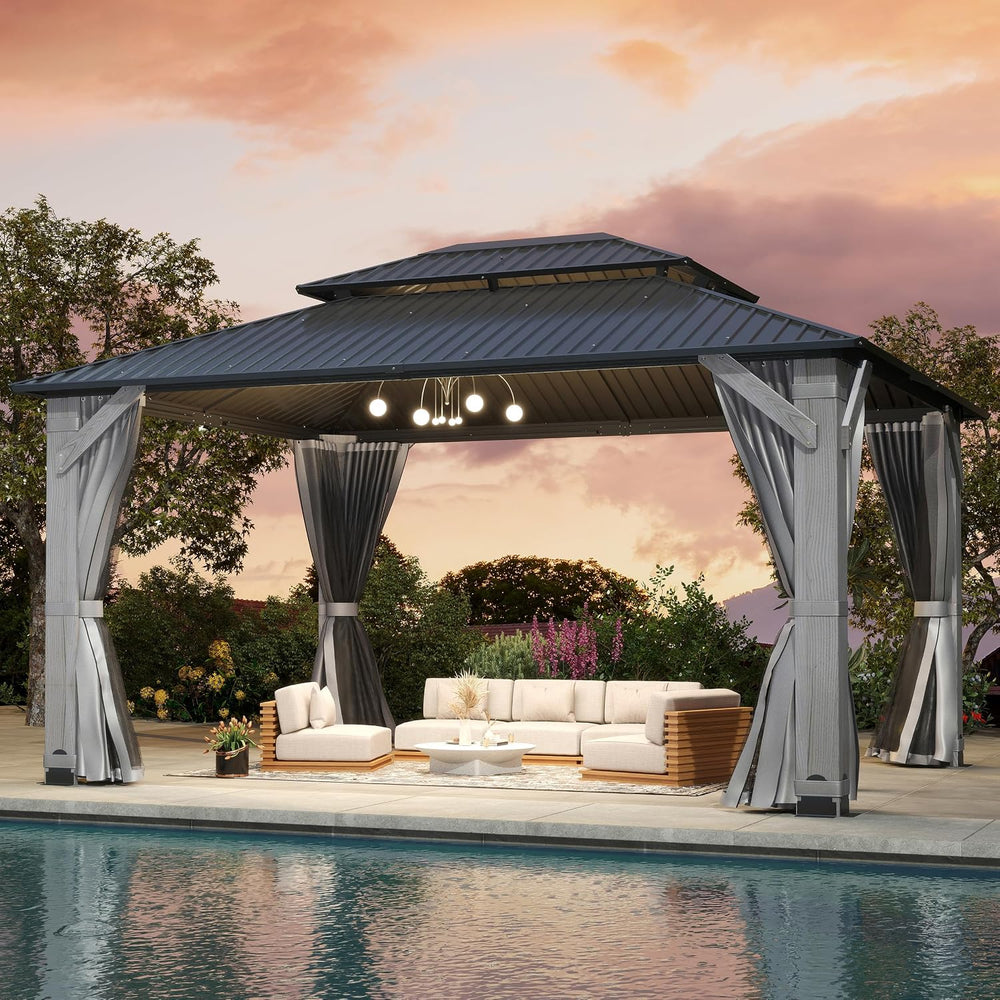 12'x16' Hardtop Wood Gazebo, Outdoor Double Roof Galvanized Steel Top...
