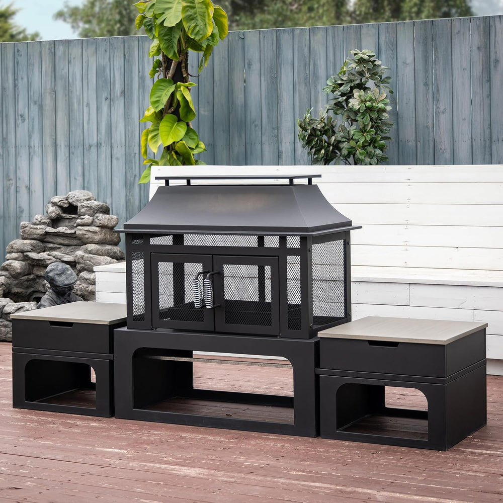 70 Inch Rectangular Outdoor Steel Woodburning Fireplace with Side Tables - In...