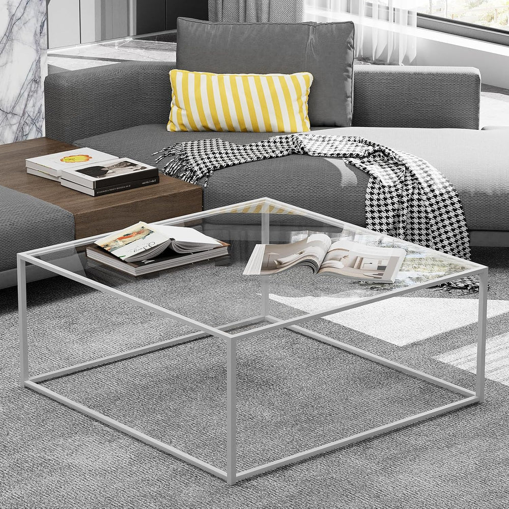 Glass Coffee Table Square Coffee Table for Small Space,Modern Minimalist Cent...