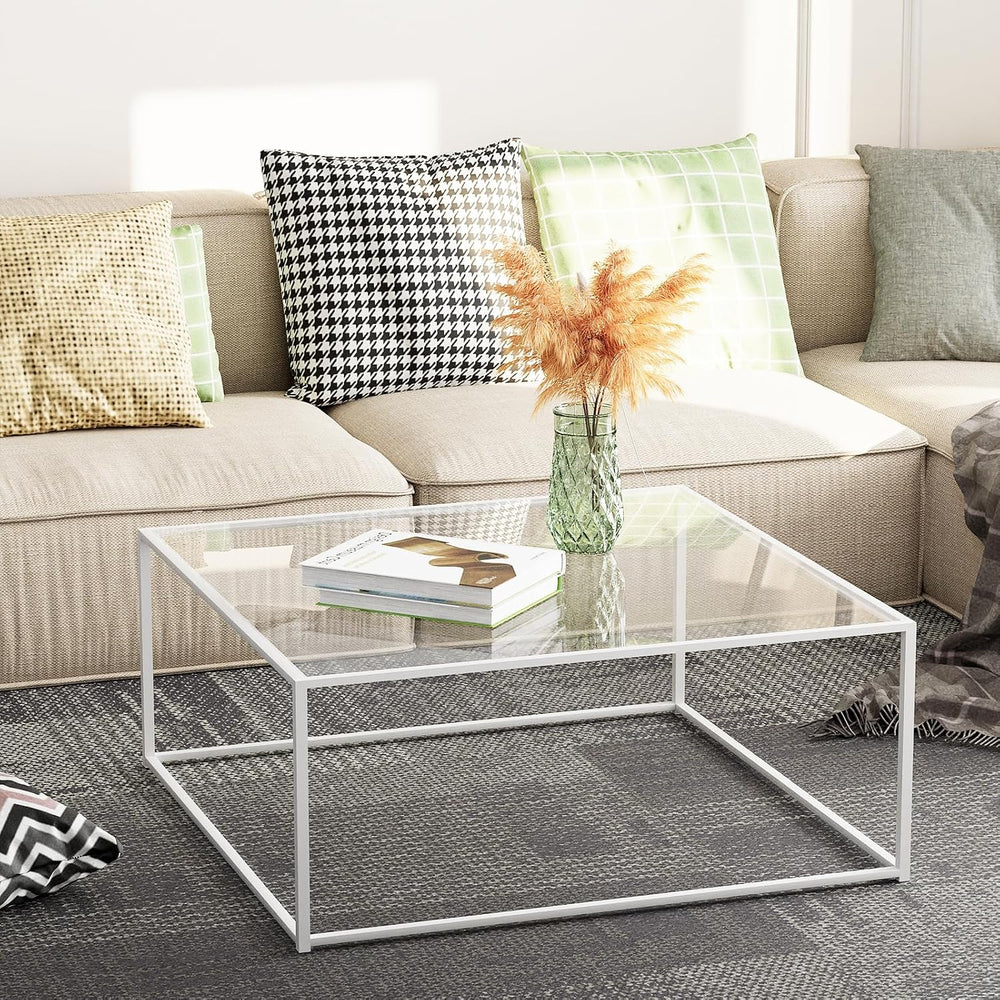 Glass Coffee Table Square Coffee Table for Small Space,Modern Minimalist Cent...