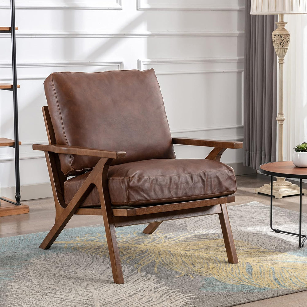 chairus Mid-Century Modern Brown Faux Leather Accent Chairs Set of 2, Comfy U...
