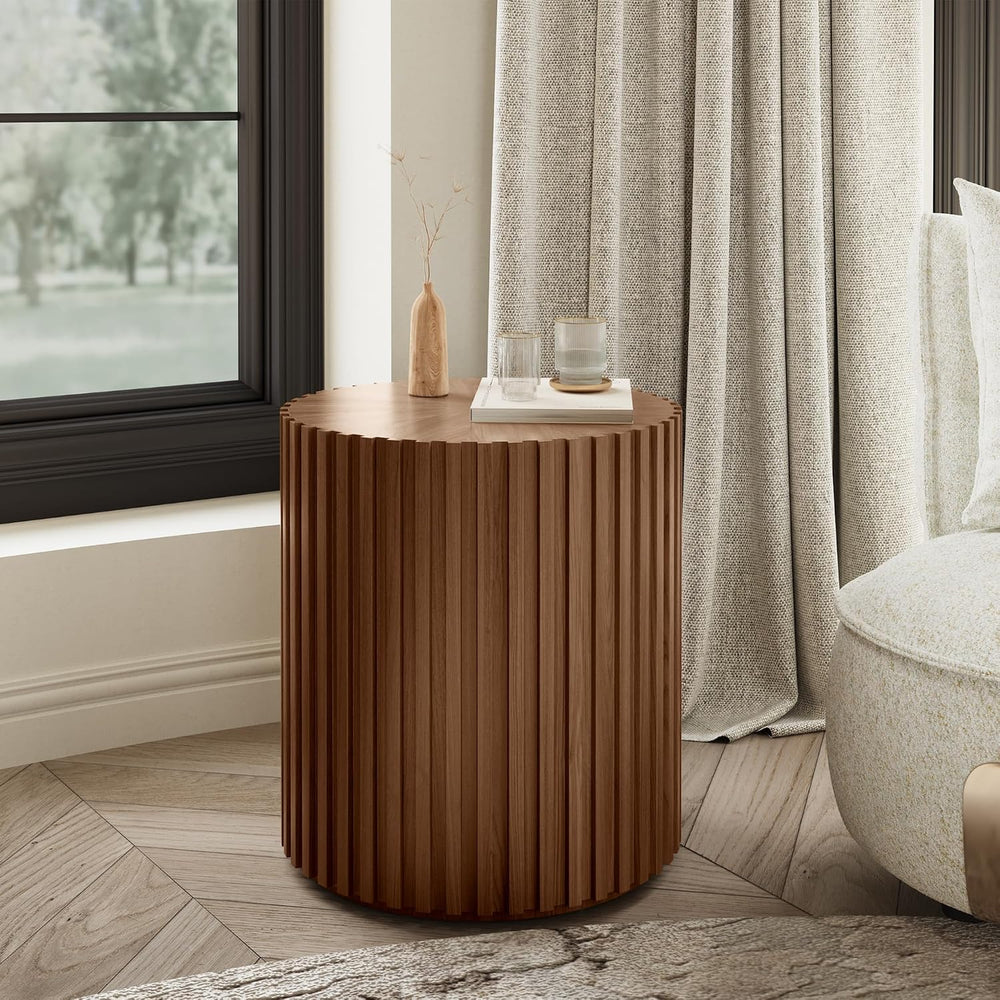 POVISON Round Coffee Side Table, Mid Century Wood End Table, Fluted Side Tabl...