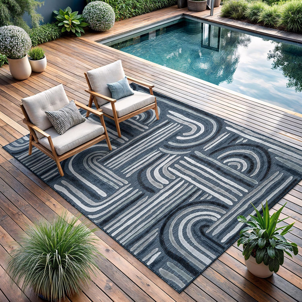CAMILSON Indoor Outdoor Rug, Navy Blue 8x10 Geometric Arch Striped Area Rugs ...