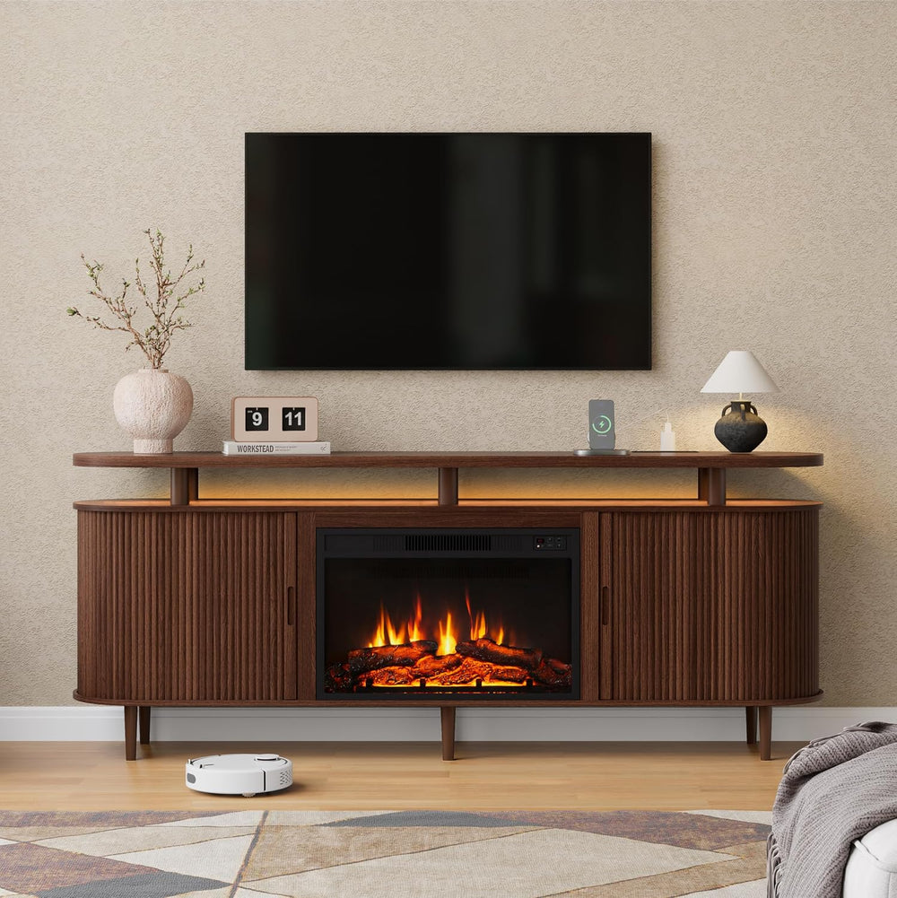 DHH 70" Fluted Fireplace TV Stand for TVs Up to 80",Mid Century Mod...