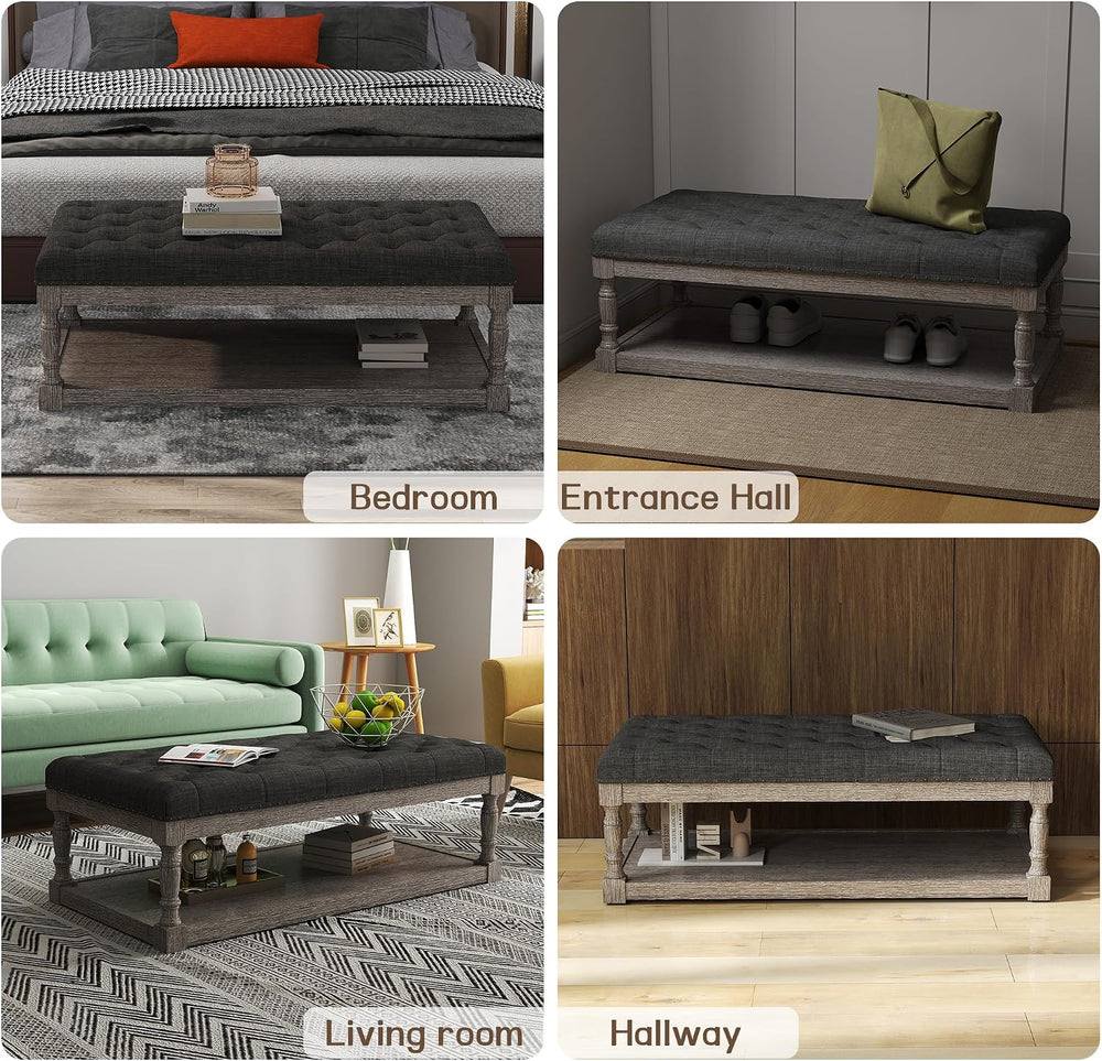 48" Large Ottoman with Storage Coffee Table, Upholstered Tufted Linen Ot...