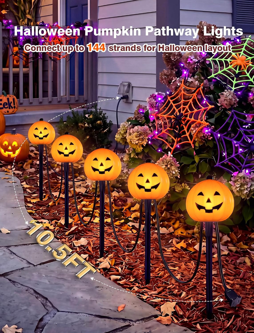 10.5FT Halloween Pathway Lights, 5PK LED Jack o Lantern Stake Lights