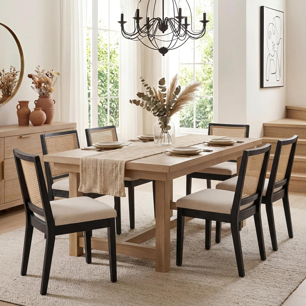 HNY Farmhouse Rattan Dining Chairs Set of 6, Black Solid Hardwood Frame, Upho...