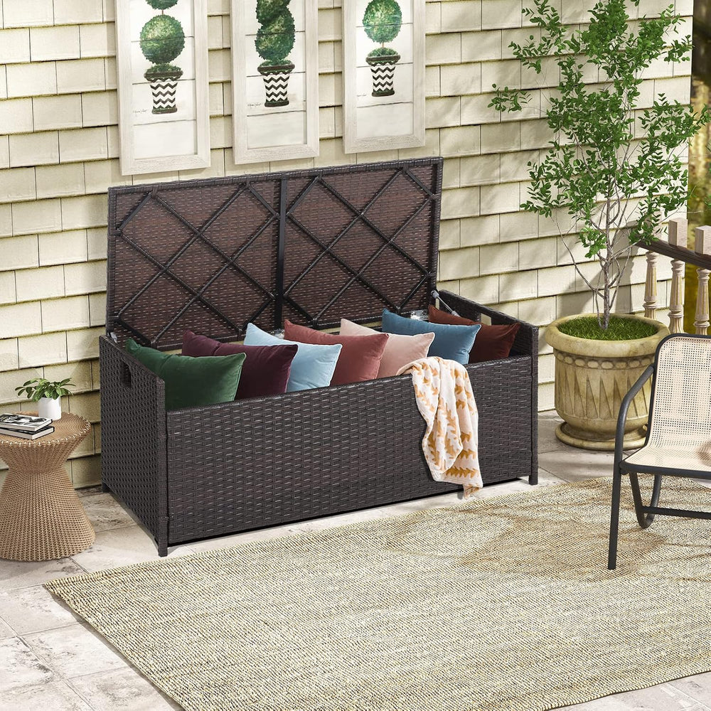 HAPPYGRILL 34 Gallon Patio Storage Bench Deck Box, 3-in-1 Rattan Wicker Stora...