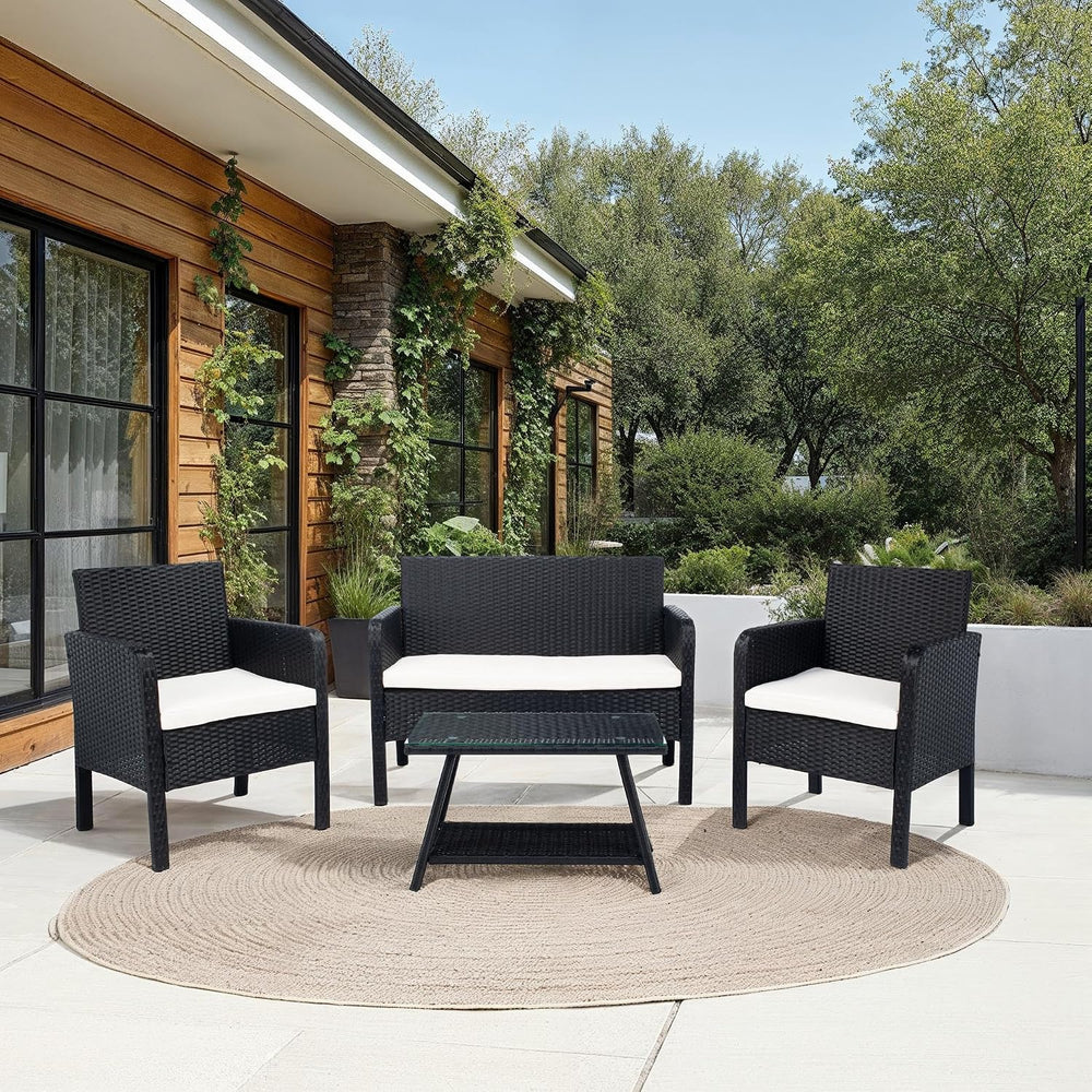 SAFAVIEH PAT7505A Collection Aboka Black and Beige 4-Piece Outdoor Living Pat...