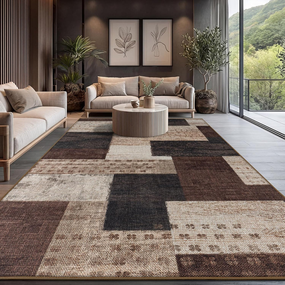 Modern Outdoor Patio Rug, Geometric Patchwork Rug for Living Room, Brown