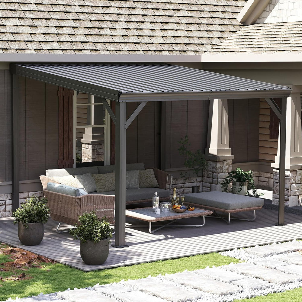 Domi 10'x10' Hardtop Lean-to Wall-Mounted Gazebo Pergola,Grey