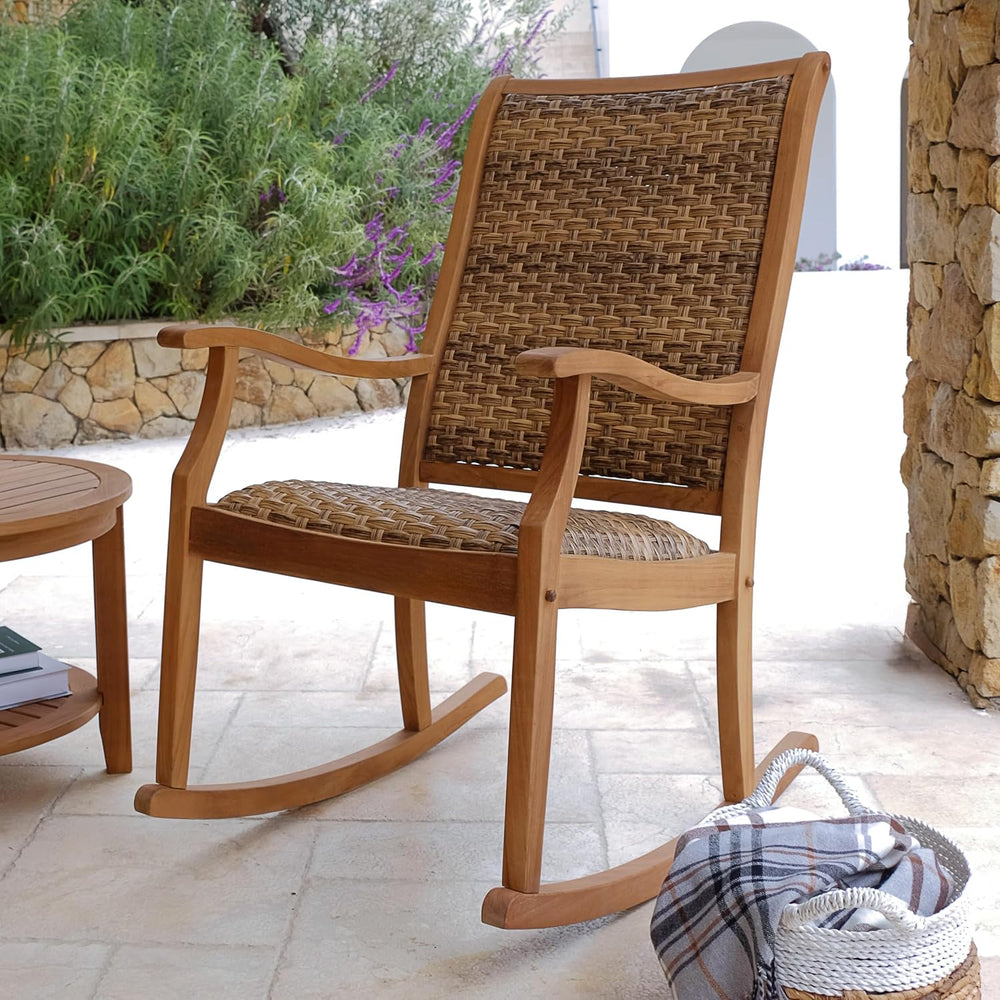 Cambridge Casual Dunham Teak Porch Rocking Chair Brown Wicker, Padded Woven S...