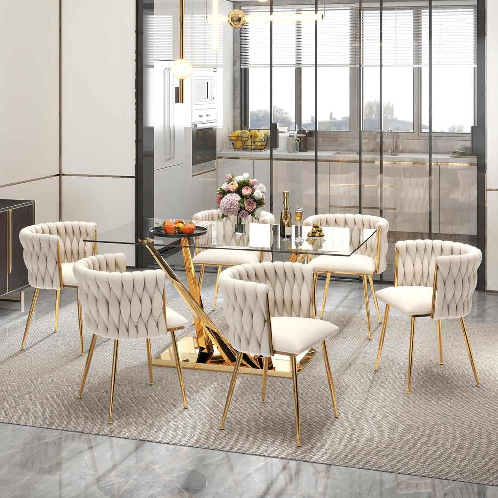 Modern Glass Dining Table Set for 6, 63'' Rectangular Tempered Tablet...