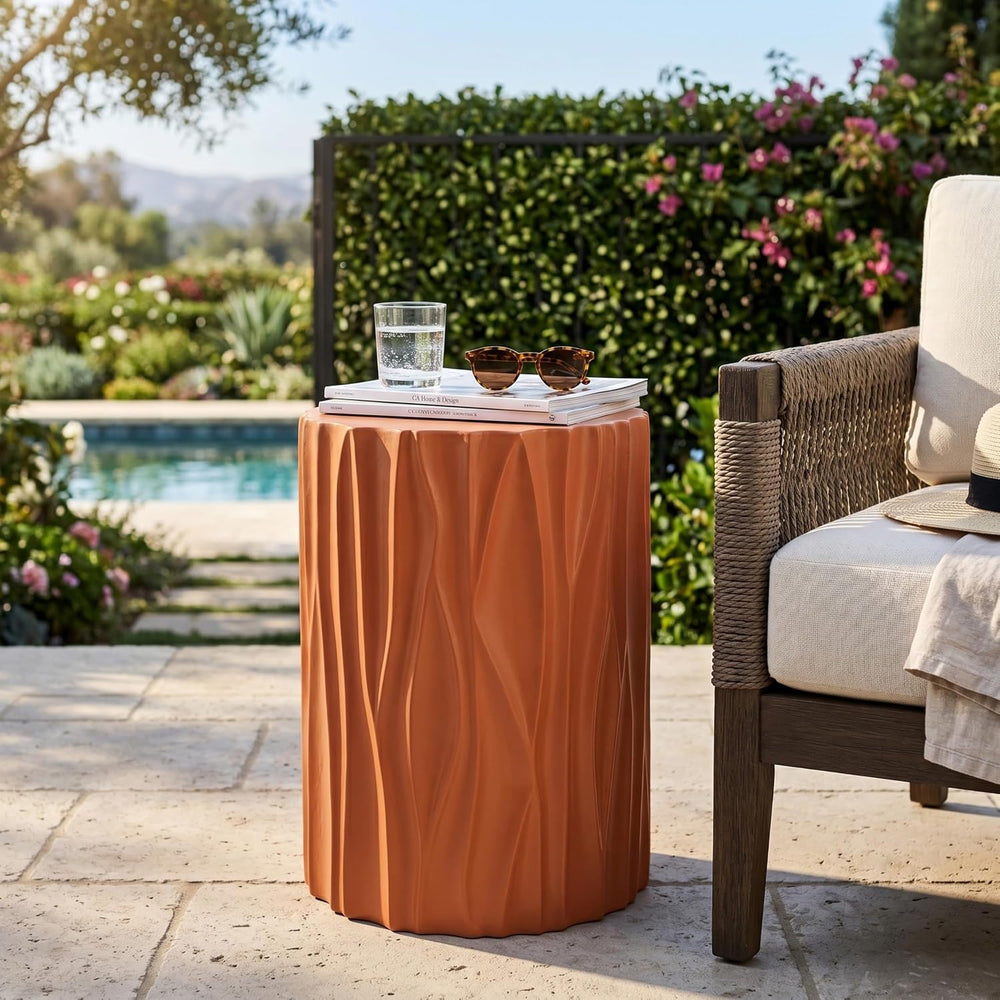 Modern Round Side Table, Outdoor End Table with Wavy Fluted Design, Multi-Use...
