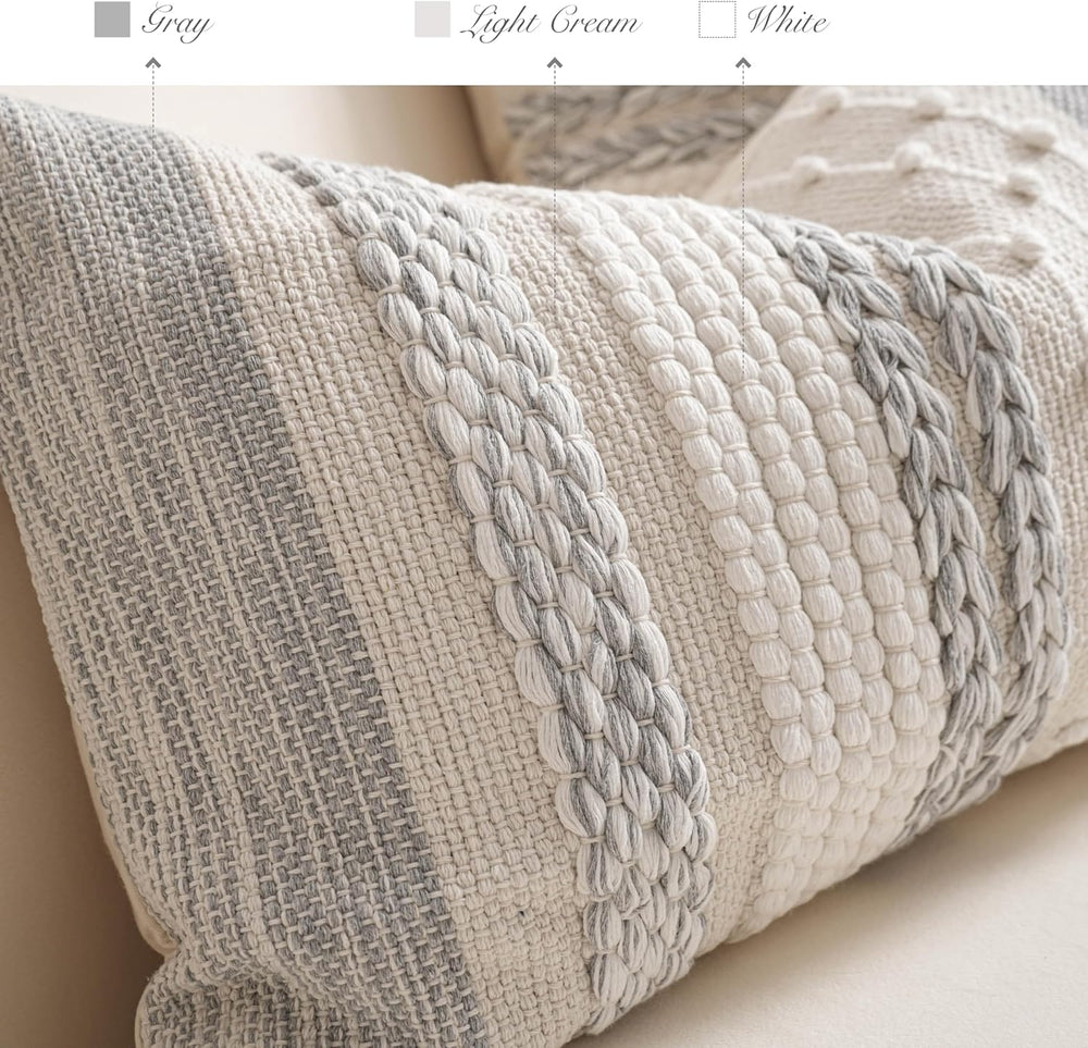 BlissBlush Gray Boho Decorative Throw Pillow Cover 20x20 Square Farmhouse Acc...