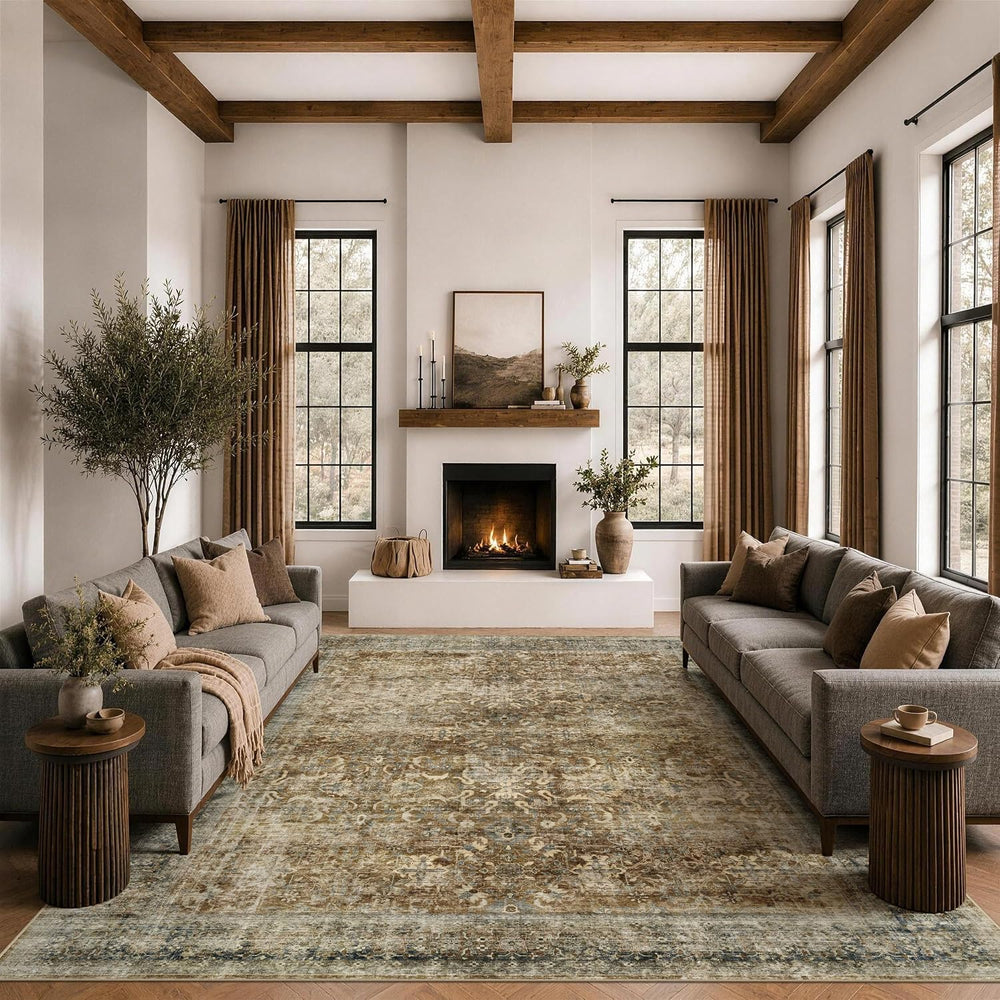 8x10 Brown Area Rug for Living Room Bedroom, Washable Vintage Neutral Rug, No...