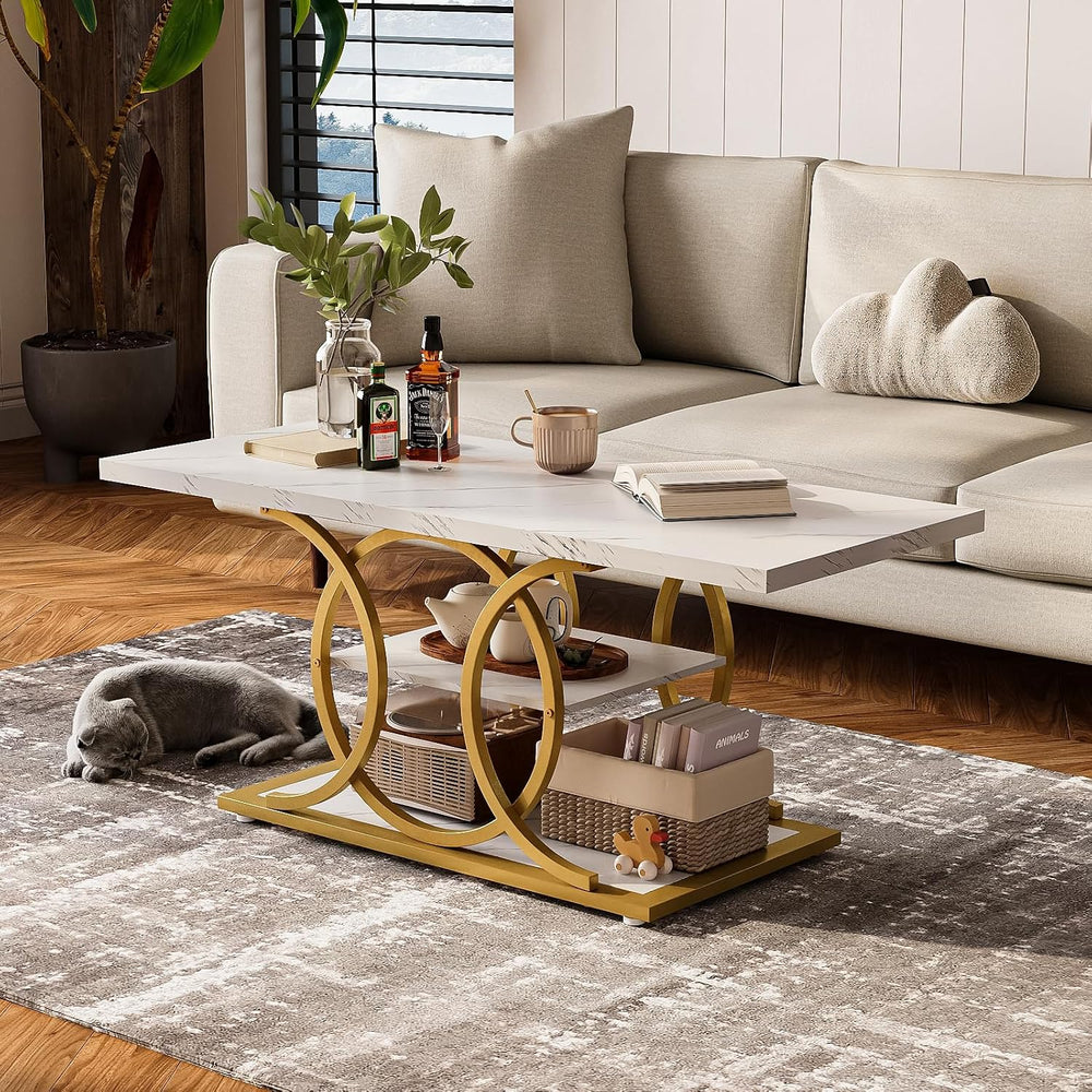 GiftGo Rustic Coffee Table with Storage Modern 3 Tier Center Living Room Tabl...