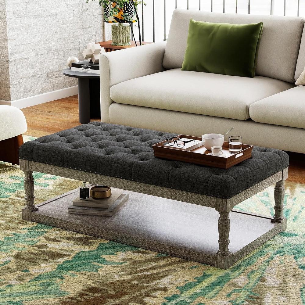 48" Large Ottoman with Storage Coffee Table, Upholstered Tufted Linen Ot...