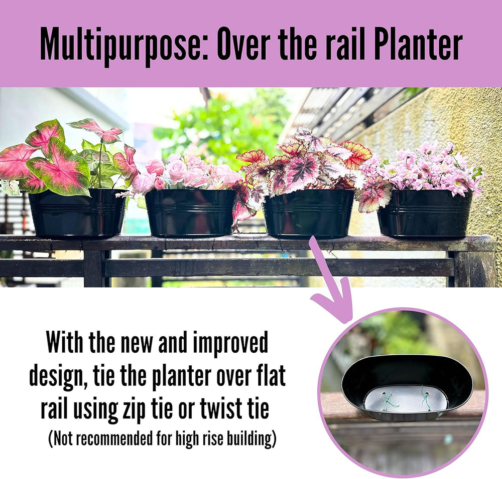 LaLaGreen Deck Rail Planter (16 in, 4 Pack) Black Metal Hanging Flower Pots