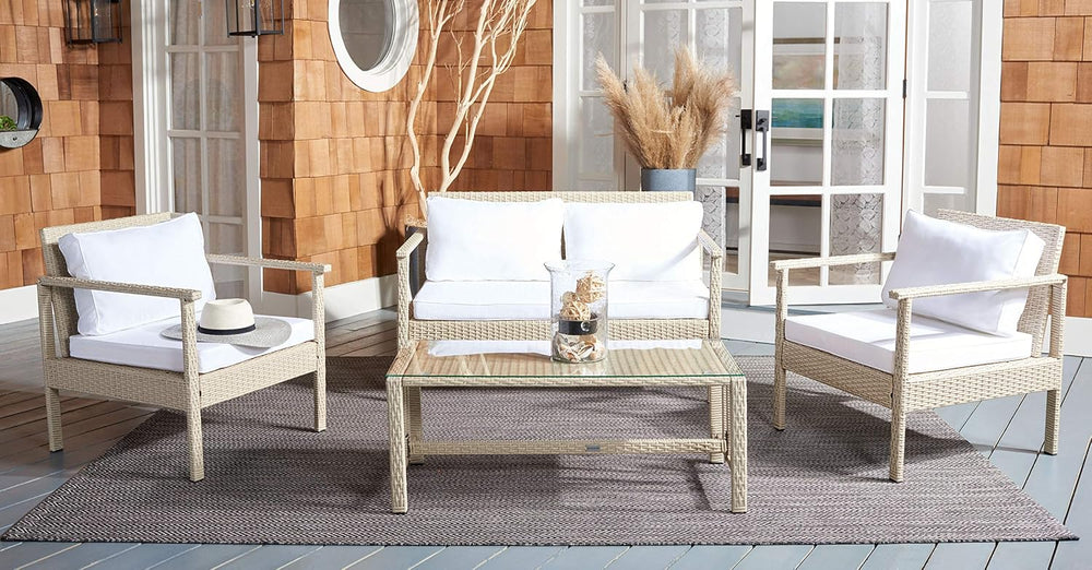 Safavieh Outdoor Collection Garnen Beige Wicker Cushion 4-Piece Living Set PA...
