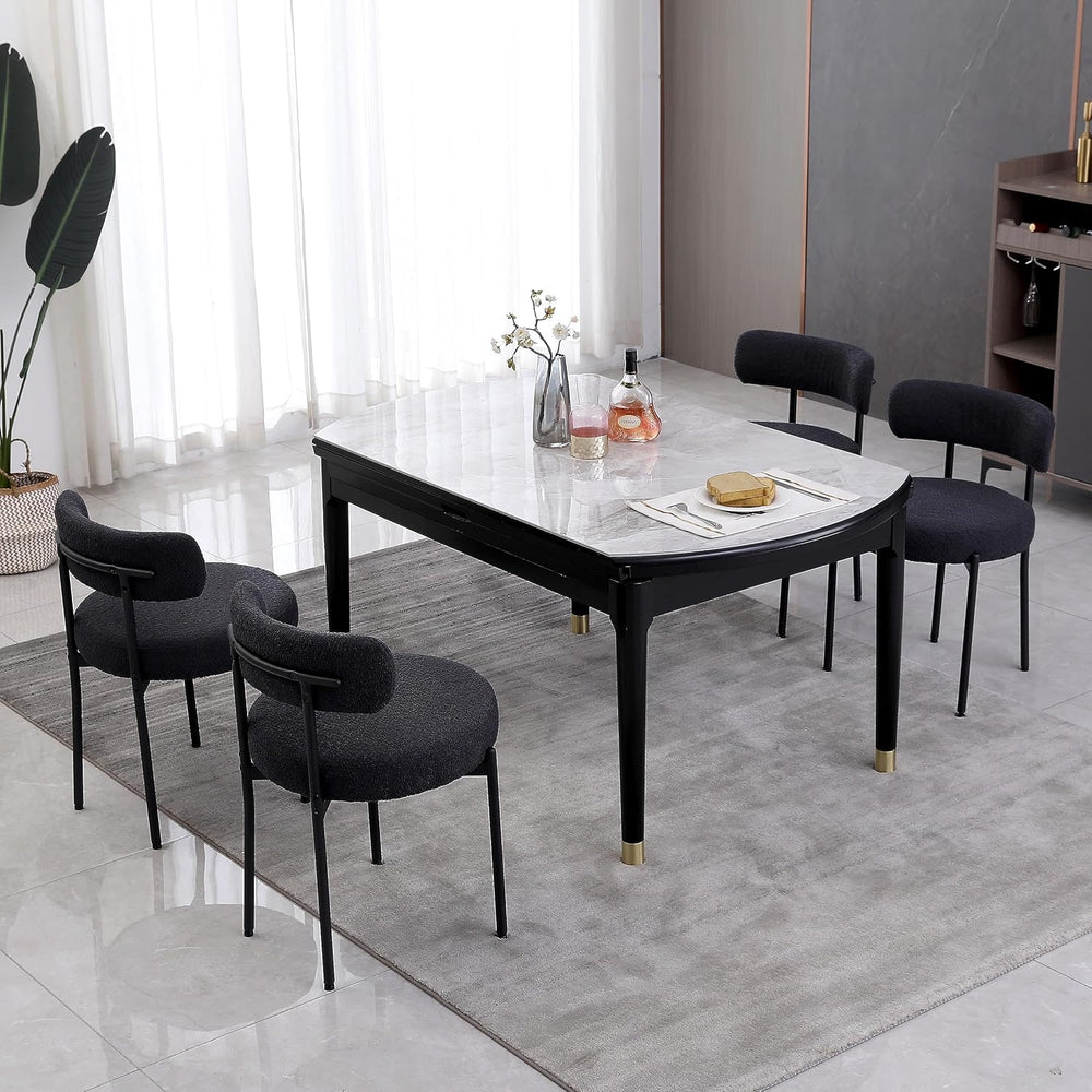 Black Dining Chairs Set of 4 Round Upholstered Boucle Dining Room Chairs Mid-...